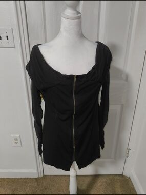 Fashion to Figure Black Long Sleeve Zip-Front Top with Gold Zipper